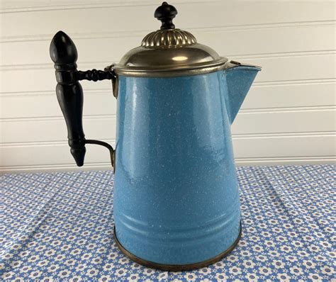 Antique Manning Bowman Blue Speckled Graniteware Coffee Pot Etsy