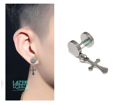 Brinco Masculino Falso Alargador Aco 316 10mm Cruz Piercing