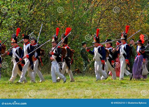 Reenactors Dressed As Napoleonic War Soldiers March Holding Guns Editorial Image Image Of