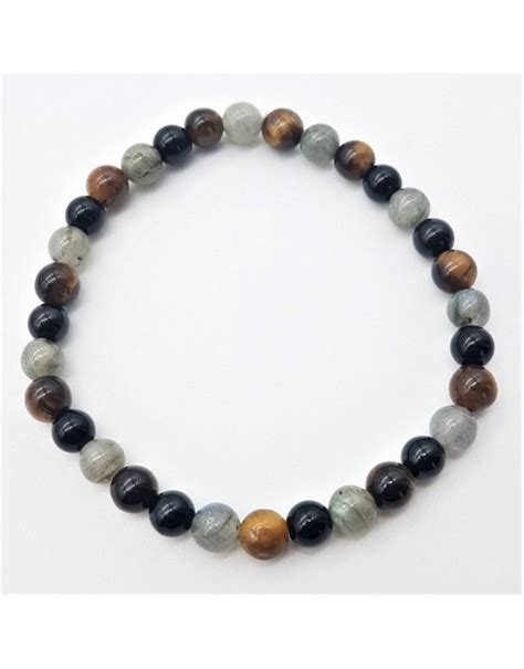 Bracelet Trio Oeil De Tigre Labradorite Tourmaline Noire En Perles 6mm