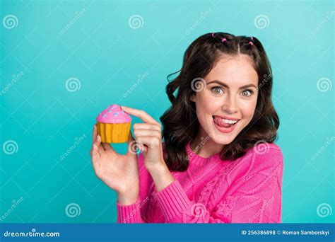 Closeup Photo Of Young Cute Attractive Lady Wear Pink Sweater Hold