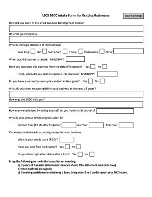 Fillable Online Lonestar Sbdcnetwork Lscs Sbdc Intake Form For Existing