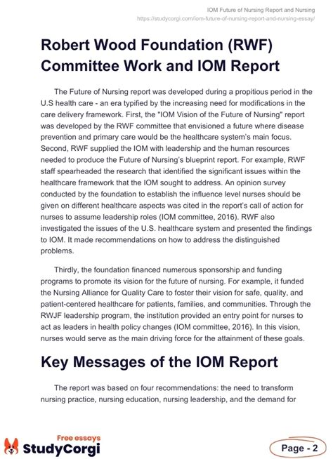 Iom Future Of Nursing Report And Nursing Free Essay Example