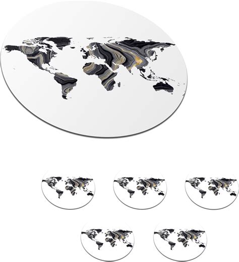 Onderzetters Voor Glazen Rond Wereldkaart Goud Zwart Wit