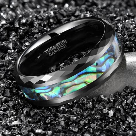 Mens Mm Abalone Shell Black Diamond Edged Custom Tungsten Ring