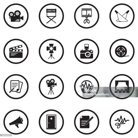 Film Production Icons Black Flat Design In Circle Vector Illustration