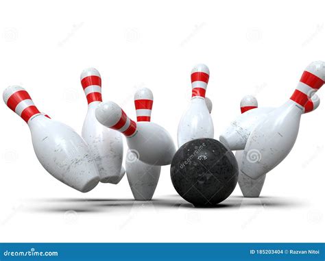 Bowling Ball Hitting All Pins Scoring Strike Action Shot White Background Stock Illustration