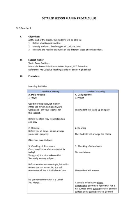 SHS Lesson PLan DETAILED LESSON PLAN IN PRE CALCULUS SHS Teacher I I