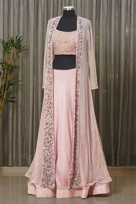 Buy Couture By Niharika Peach Organza Embroidered Jacket Lehenga Set