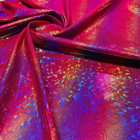 Vibrant Rainbow Red Hologram Broken Glass Metallic Foil Nylon Lycra