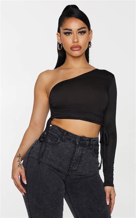 Shape Black Slinky One Shoulder Ruched Crop Top Prettylittlething Ca