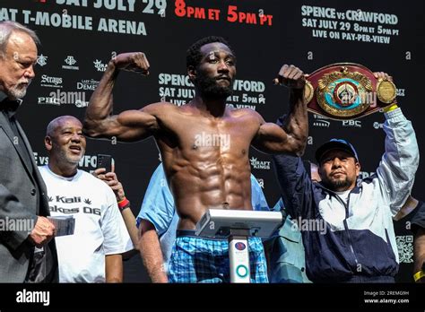 Las Vegas Nevada Usa 14th July 2023 Wbo Champion Terence Bud Crawford Weighs In At 146 8