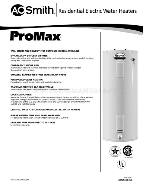 Ao Smith Ect Promax Water Heater Specification Sheet Water Heater