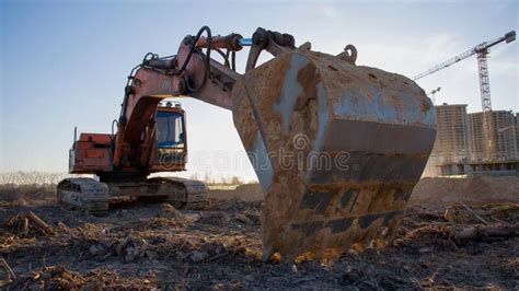 Large Excavator Working At Construction Site Backhoe During Earthworks