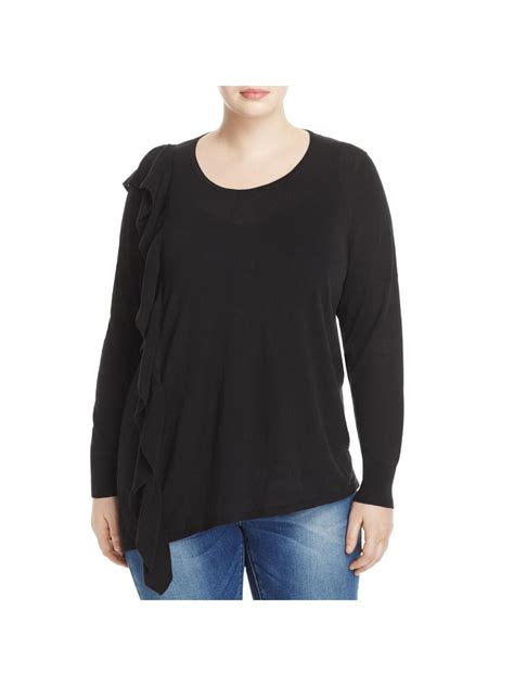 FOXCROFT Womens Black Ruffled Asymmetrical Hem 3 4 Sleeve Jewel Neck