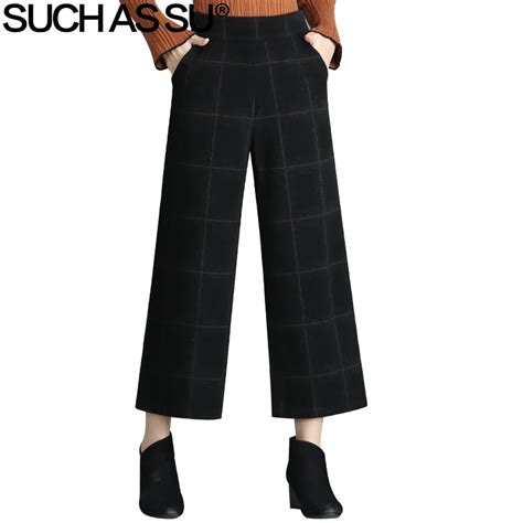 Such As Su New Autumn Winter Woolen Pants Women 2017 Black Plaid Mid