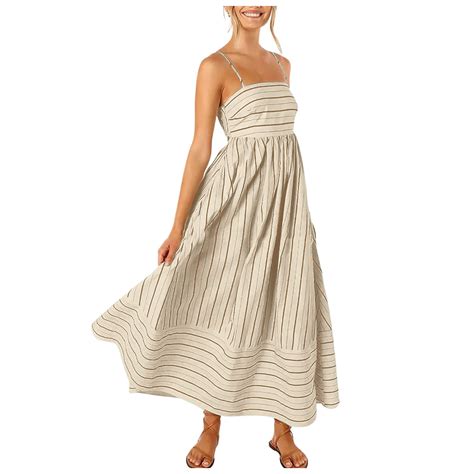 Women Striped Sleeveless Maxi Dress Swing Cutout Midi Dress Backless