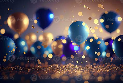 Blue And Gold Balloons For New Year Party Celebration With Confetti