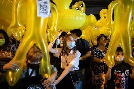 Pro Democracy Protesters Hold Inflatable Yellow Ducks Editorial Stock