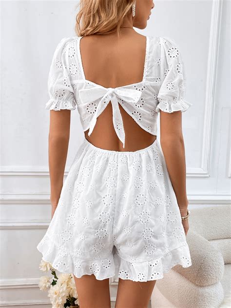 Shein Wywh Eyelet Embroidery Puff Sleeve Ruffle Hem Schiffy Romper