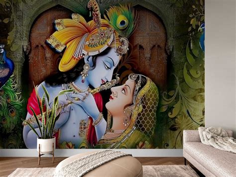 Religion Wall Paper Radha Krishna Painting Wall Mural Peel And Etsy