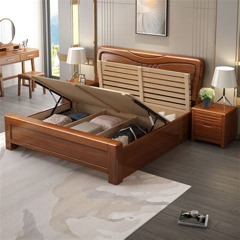 Solid Wood Bed HDB Storage Bed Frame with Storage Drawers Double Bed ...