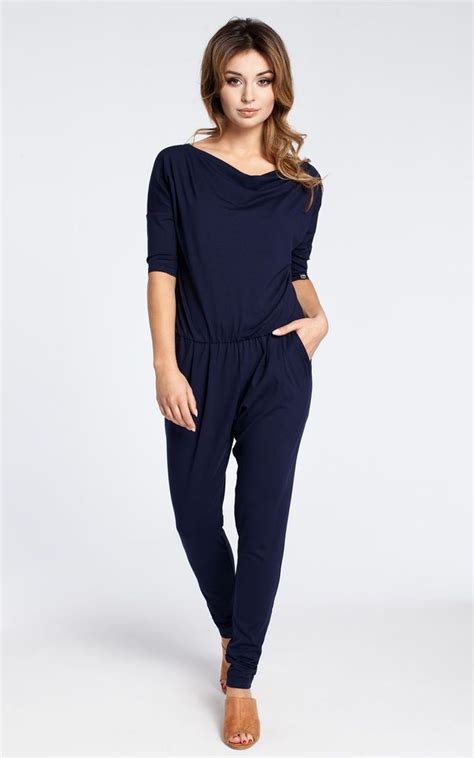 Navy Blue Casual Jumpsuit With A Blouson Top And Slim Legs Moe