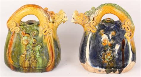 Lot 2 GLAZED CHINESE DRAGON MOTIF STONEWARE TEAPOTS