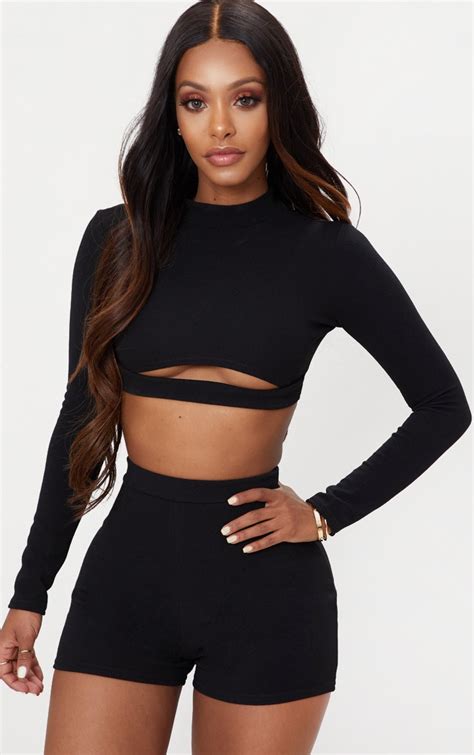 Shape Black High Neck Crop Top Curve Prettylittlething Aus