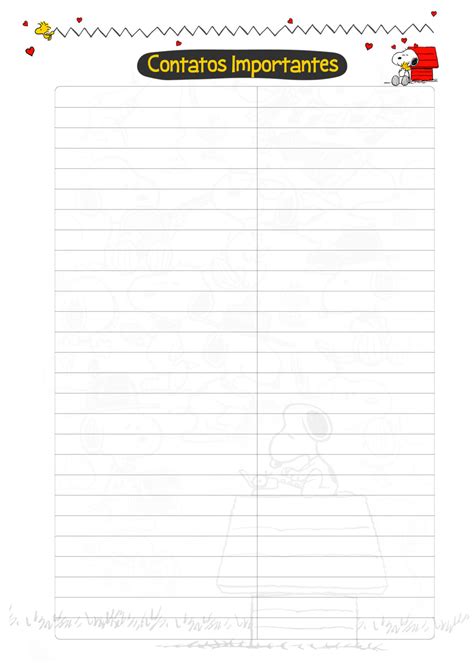 Caderno Planejamento Professor Snoopy Contatos Importantes