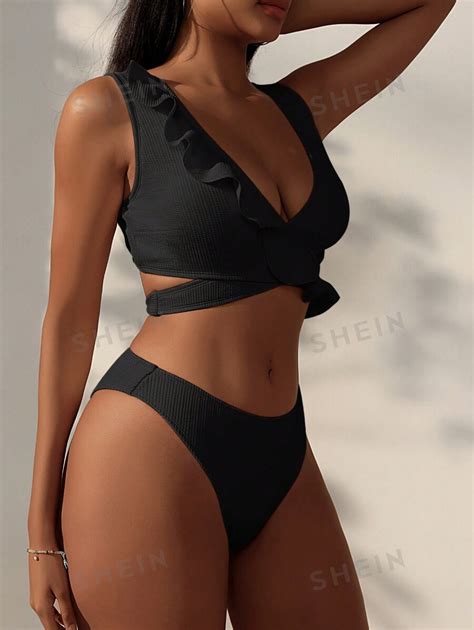 SHEIN Swim Traje de baño de bikini para mujeres con diseño cruzado en