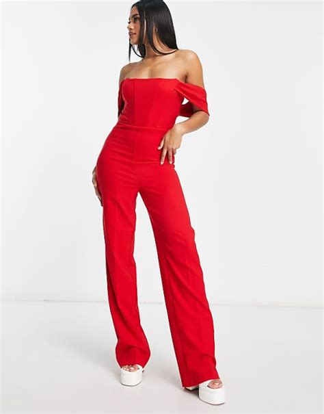 Trendyol Off The Shoulder Corset Jumpsuit In Red Asos