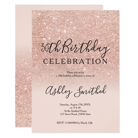 Rose Gold Faux Glitter Blush Ombre 30th Birthday Invitation Zazzle