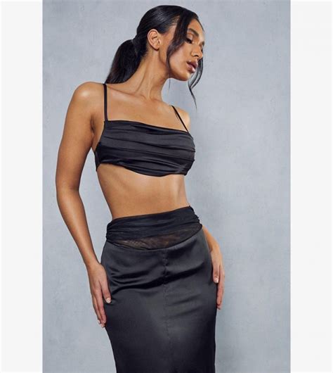 Buy MissPap Gathered Mesh Satin Split Front Maxi Skirt In Black