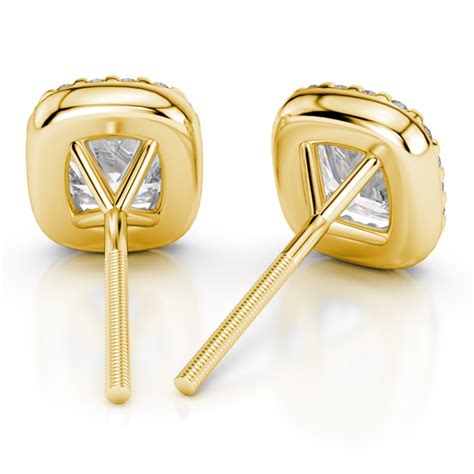 Halo Cushion Cut Diamond Earrings In Yellow Gold - Settings