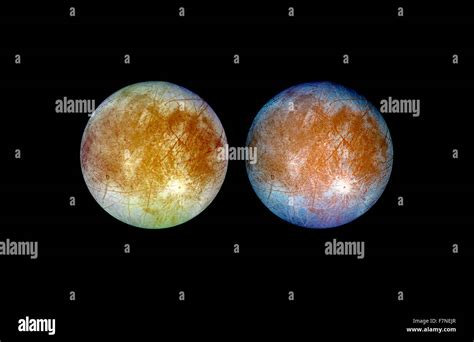 two views of Jupiter's ice-covered satellite, Europa Stock Photo - Alamy