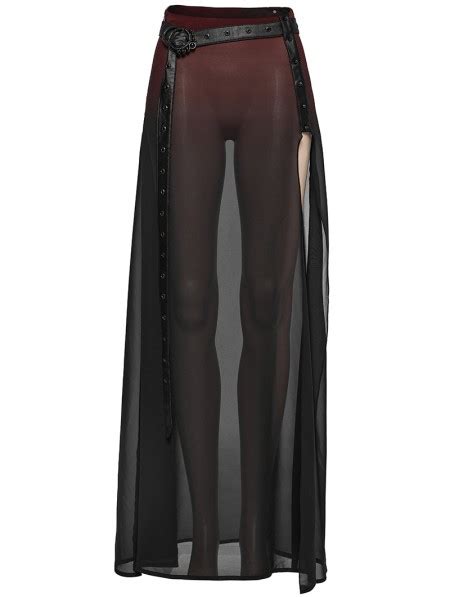 Punk Rave Black And Red Gothic Daily Chiffon Sheer High Slit Maxi Skirt