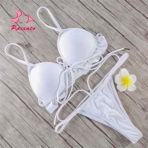 Pacento Cross Strappy Bikini Frilly Swimwear Solid White Swimsuit