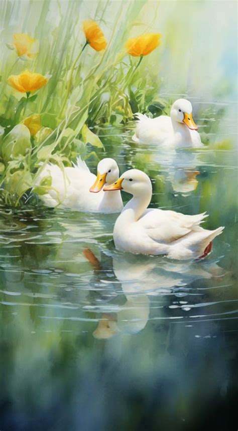 Three White Ducks Floating On Top Of A Body Of Water Next To Grass And