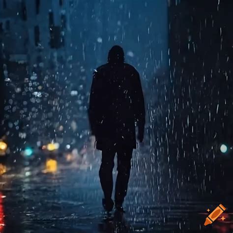 Man Walking Down A Street While Its Raining In The Night