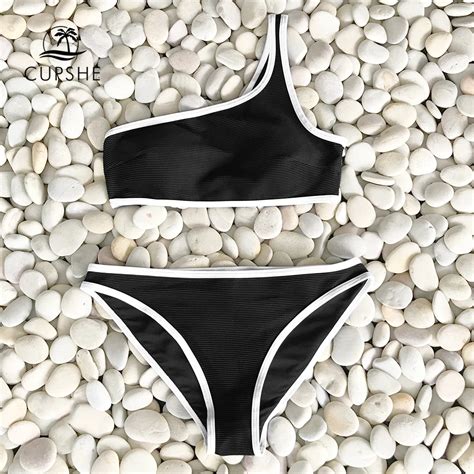 CUPSHE Classic Black And White Thong Bikini Sets Women One Shoulder