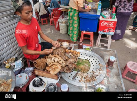 Yangon Myanmar Street Vendor Prepares Offal As Food To Sell In Yangon