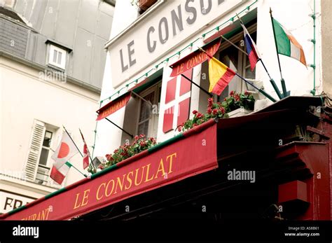 Close Up Le Consulat Street Scene Montmartre Paris France Stock Photo