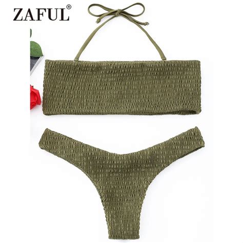 Zaful 2018 New Swimwear Women Smocked Halter Bandeau Bikini Set Women