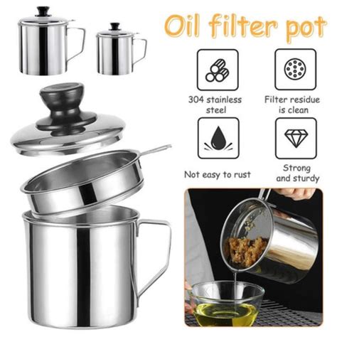 1 2 1 4L Stainless Steel Oil Strainer Pot With Lid Filter Cooking Oil