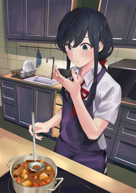 Safebooru 1girl Absurdres Black Hair Blue Eyes Cooking Graphite