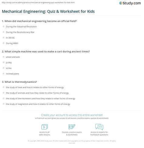 Mechanical Engineering: Quiz & Worksheet for Kids | Study.com