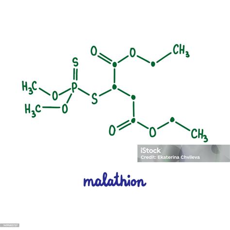 Malathion Hand Drawn Vector Formula Chemical Structure Lettering Blue Green Stock Illustration