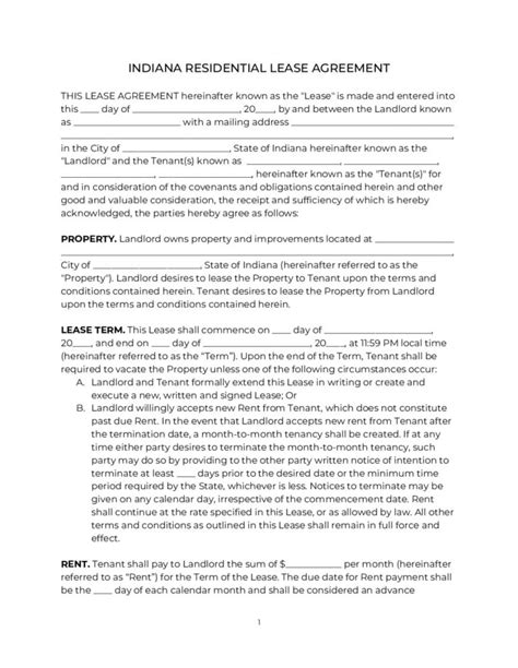 Printable Indiana Residential Lease Agreement 2020 Pdf And Word Apartment