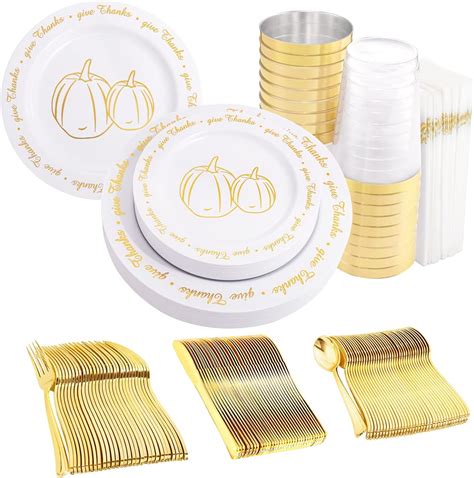 Amazon Supernal 175pcs Thanksgiving Plastic Dinnerware Set Gold